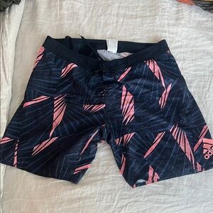 Adidas Men’s Swim Trunks | Navy + Coral Palm Print Board Shorts | Size XL